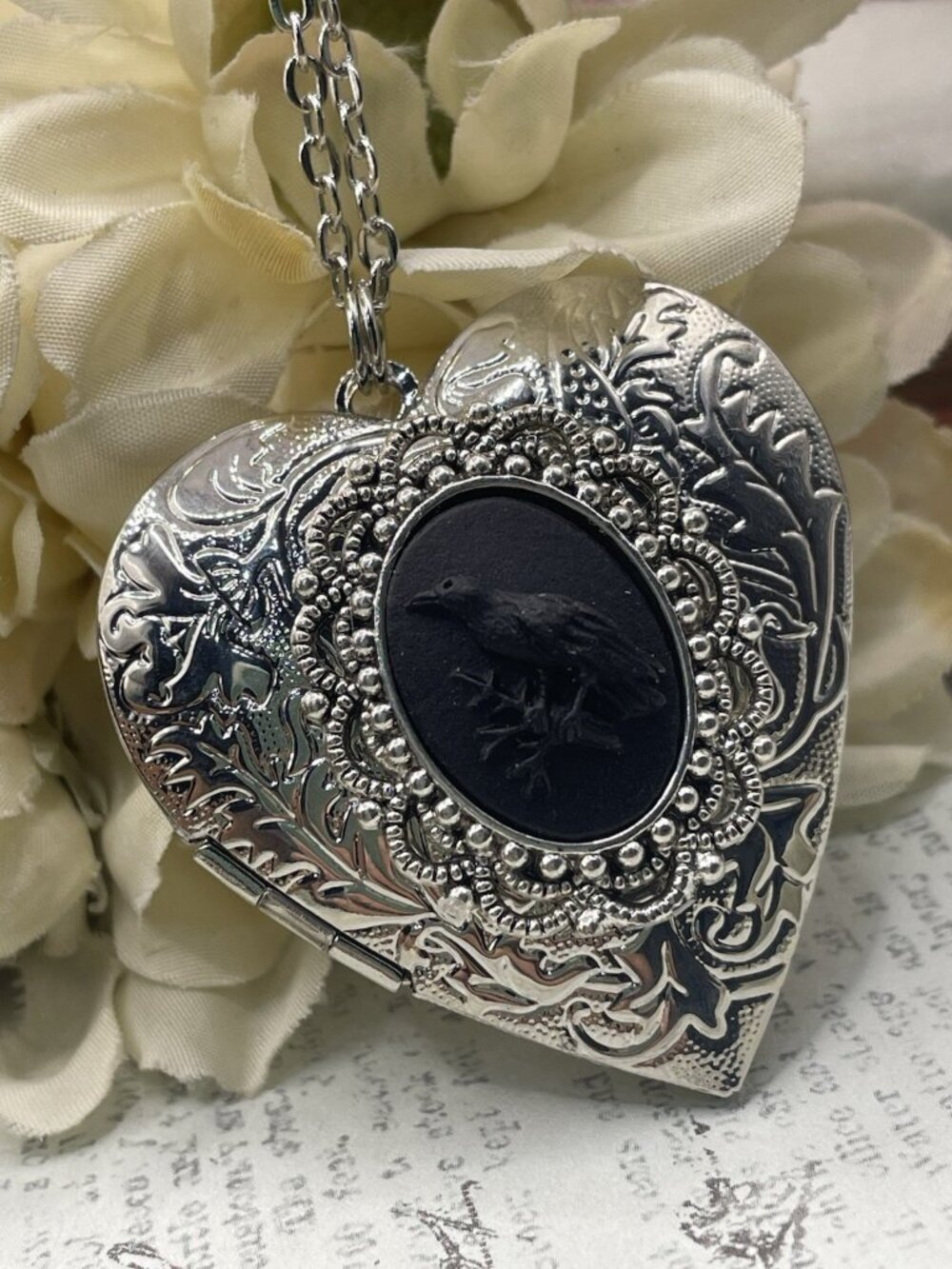 Large Silvertone Photo Locket Heart Black Raven crow gothic whimsygoth Halloween